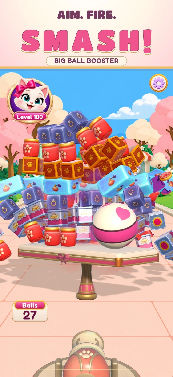 The Big Ball Booster sends a tower of colorful beauty products tumbling on the Beauty Smash shopping street