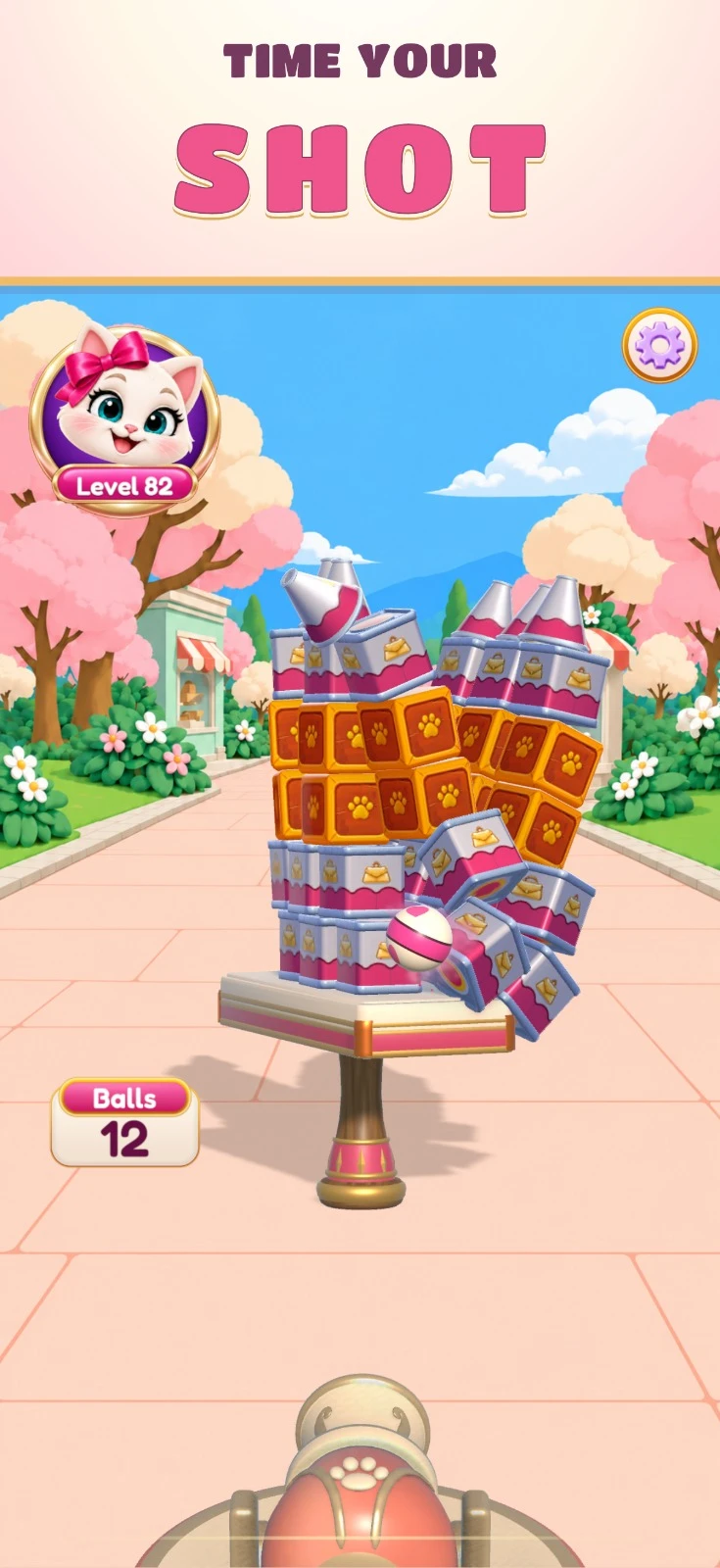 A heart ball smashes a tower of products in front of fashion shops in Beauty Smash